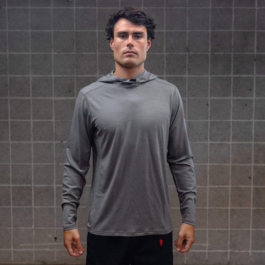 Color:Cement-Florence Merino Wool Hooded Long Sleeve Shirt