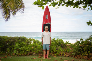 John Florence with his big wave surfboard 