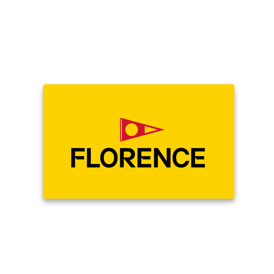 A digital gift card with a yellow background and the name 'FLORENCE' in bold letters. The card also features a red triangular logo, the Burgee, above the text.